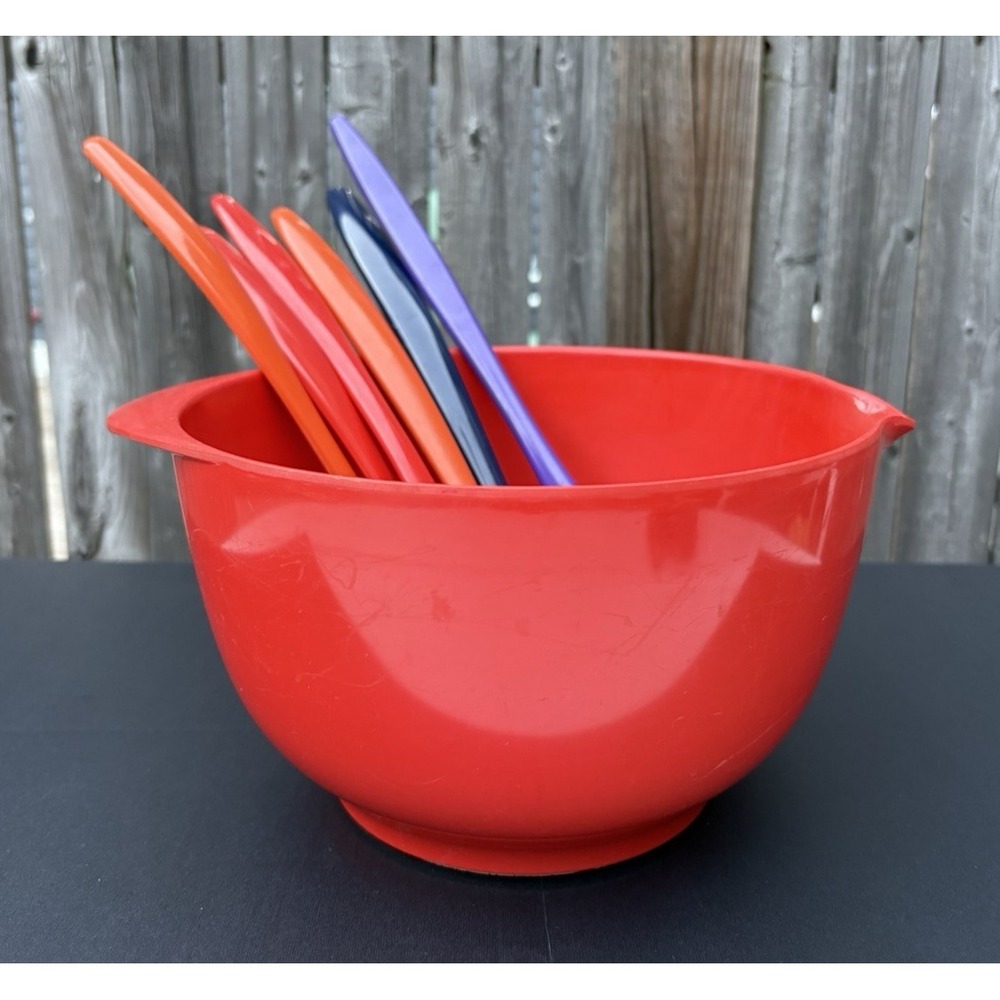 Vintage melamine mixing bowl + utensils serving spoons fork Rosti Mepal Dansk